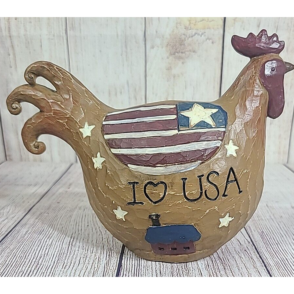 Unbranded Patriotic I Heart USA Rooster Figurine Decor Brown Red White Blue 9"